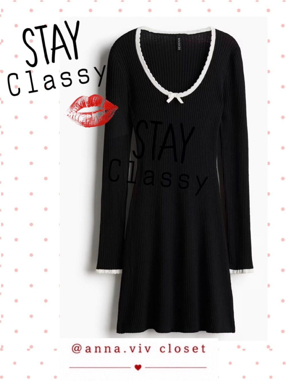 Ribbed Long Sleeve Black Dress with Lace Trim